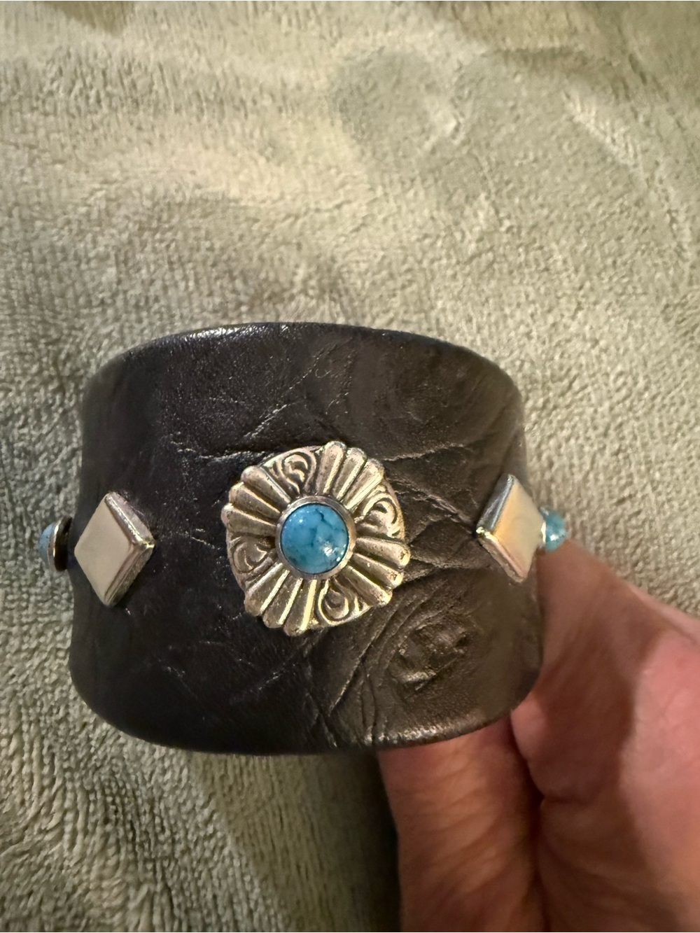 Source Unknown Black Leather Cuff Bracelet with Turquoise Accents